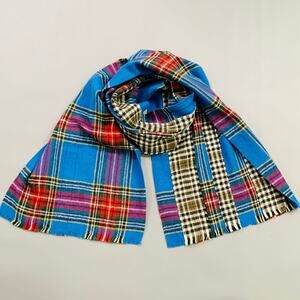 COMME des GARCONS SHIRT BOYS Blue Red Plaid Mixed Patterns Wool Fringe Scarf